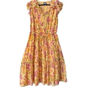 Lands’ End 1X Ruffle Sleeve Chiffon Tiered Midi Dress Yellow Floral Cottagecore